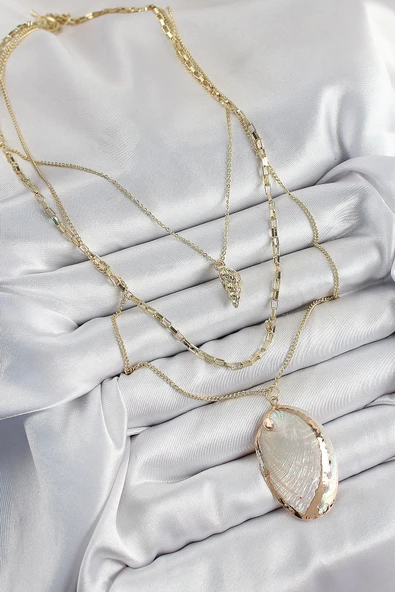 Pirinç Çoklu Zincirli İstiridye Model Gold Renk Kadın Kolye - 3