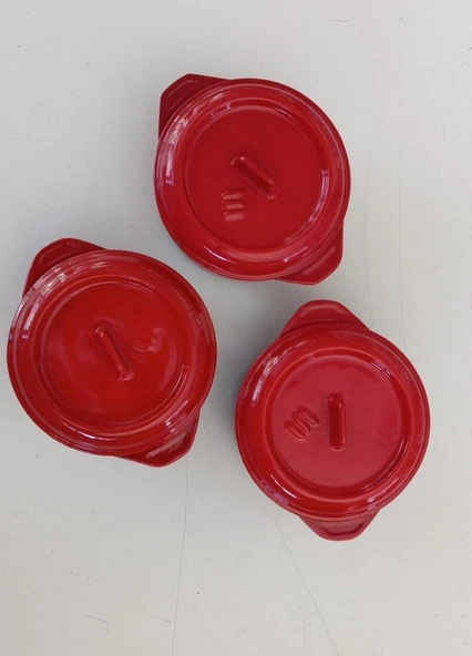 SÜREL DÖKÜM 12 CM 3 LÜ YUVARLAK SET GÜVEÇ TENCERE KIRMIZI