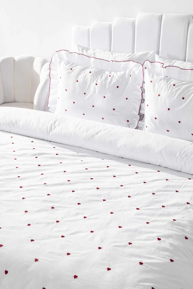 Rivaİstanbul Luva Kırmızı Kalp Çift Kişilik Nakışlı %100 Pamuklu Nevresim Takımı & Çeyiz Seti - Resim 4