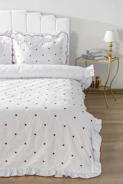 Rivaİstanbul Luva Kırmızı Kalp Çift Kişilik Nakışlı %100 Pamuklu Nevresim Takımı & Çeyiz Seti - Resim 3