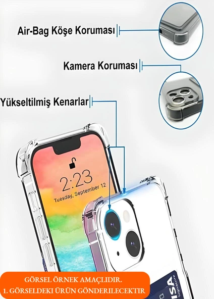 Samsung Galaxy A14 Uyumlu Kamera Korumalı Kartlıklı Köşeleri Airbag Tasarımlı Darbe Önleyici Şeffaf Silikon Kılıf - 3