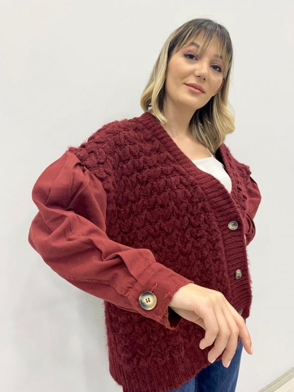 Kadın Örme Bordo Triko Hırka - 2