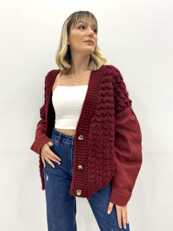 Kadın Örme Bordo Triko Hırka - 5