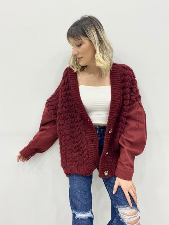 Kadın Örme Bordo Triko Hırka - 6