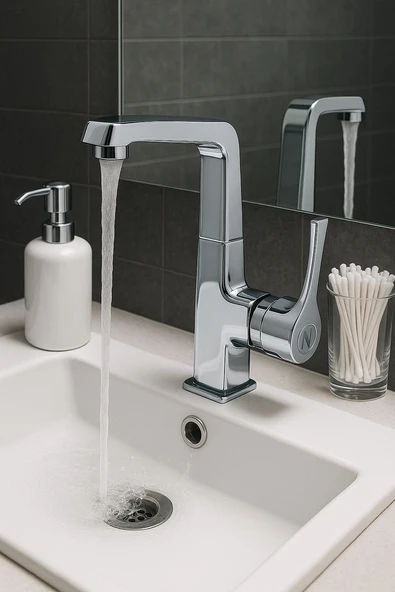 LAVABO BATARYASI KROM BANYO MUSLUK AĞIR PRİNÇ YÜKSEK GÖVDE DÖNER BORU MODERN LÜKS ARMATÜR GÜMÜŞ GRİ