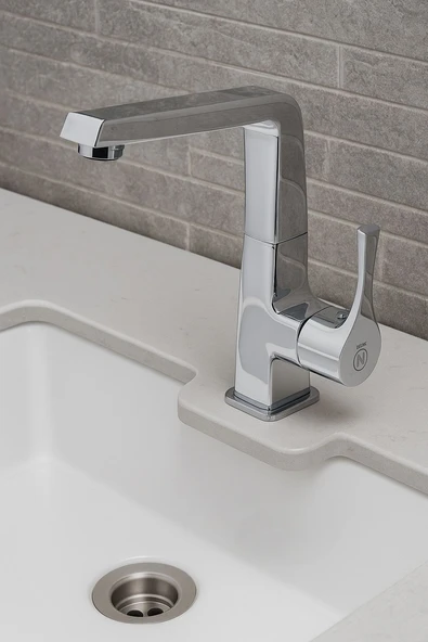 LAVABO BATARYASI KROM BANYO MUSLUK AĞIR PRİNÇ YÜKSEK GÖVDE DÖNER BORU MODERN LÜKS ARMATÜR GÜMÜŞ GRİ - 2
