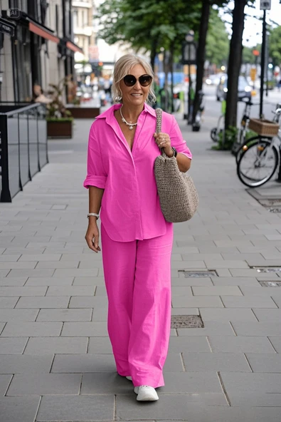 Keten Günlük Fuşya İkili Takım Alt Üst ürün görseli