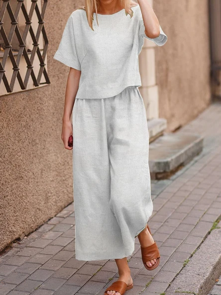 Keten Günlük Rahat Beli Lastikli Kadın İkili Takım Alt Üst ürün görseli 1