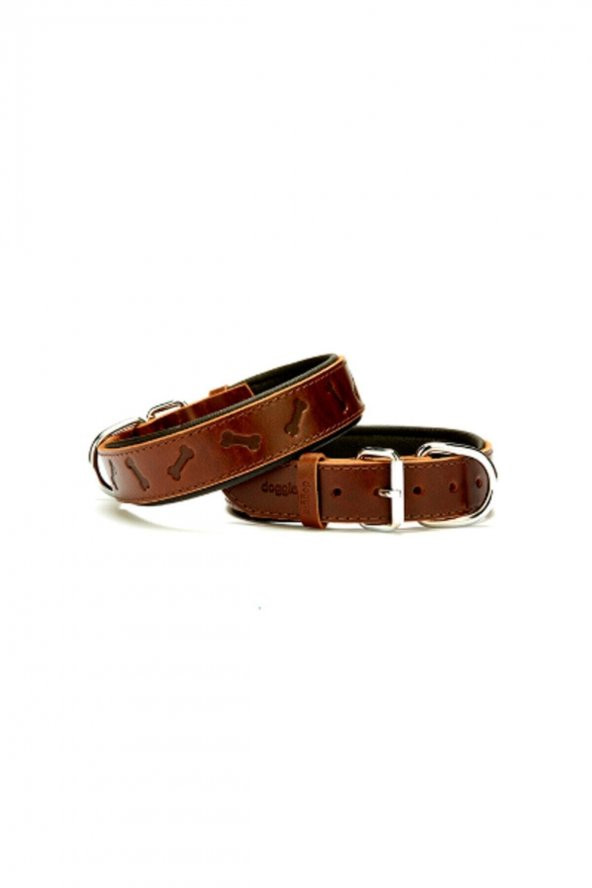 Comfort Deri Kemik Desenli Köpek Boyun Tasması Medium Kahverengi 4x52-60 Cm