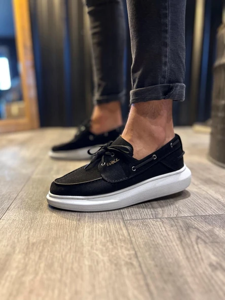 Yüksek Taban Mevsimlik Süet Ayakkabı Siyah (Beyaz Taban) - Resim 4