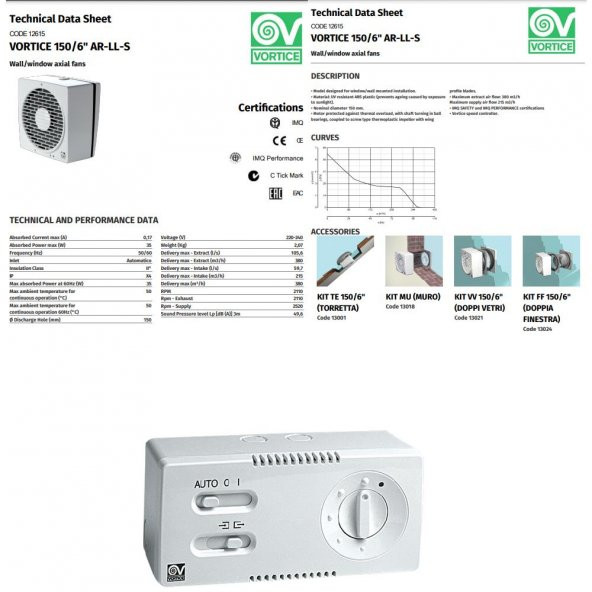 Vortice Vario 300/12 & CR5N Hız Anahtarı Yanında Duvara Cama Kolay Montaj Otomatik Panjur Manuel Geri Dönüşümlü Tasarruflu Fan AGMair Agm Havalandırma Fanı - 2
