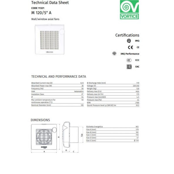 Vortice Punto M 120/5 Otomatik Panjurlu Banyo Mutfak Wc Ø 119 Havalandırma Fanı UV Işınlarına Dayanıklı Sürekli Havalandırma Tasarruflu Güçlü AGMair Agm Hava Temizleme - 5