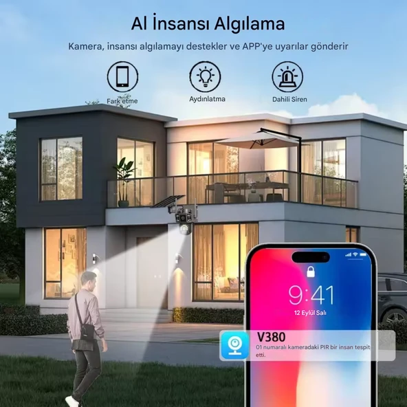 X36 Solar Güvenlik Kamerası Dual Lens 4G Sim Kartlı PTZ Hareketli Gece Görüşlü Güneş Panelli Kamera - 5