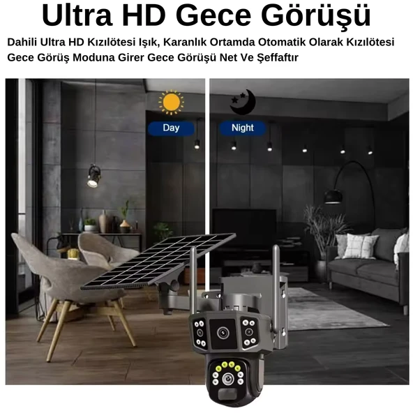 X36 Solar Güvenlik Kamerası Dual Lens 4G Sim Kartlı PTZ Hareketli Gece Görüşlü Güneş Panelli Kamera - 6