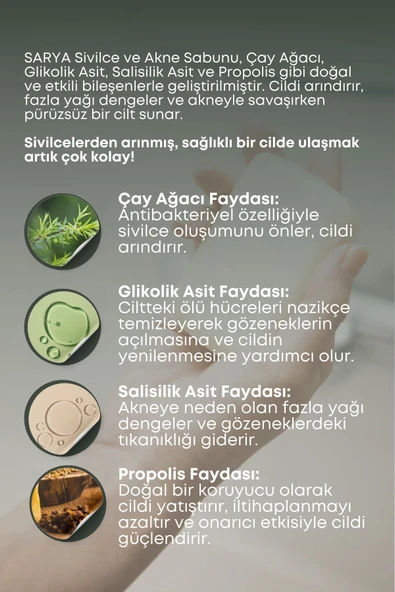 SARYA Sivilce ve akne sabunu Çay ağacı Glikolik asit Salisilik asit Propolis (3'Lü Paket) - 5