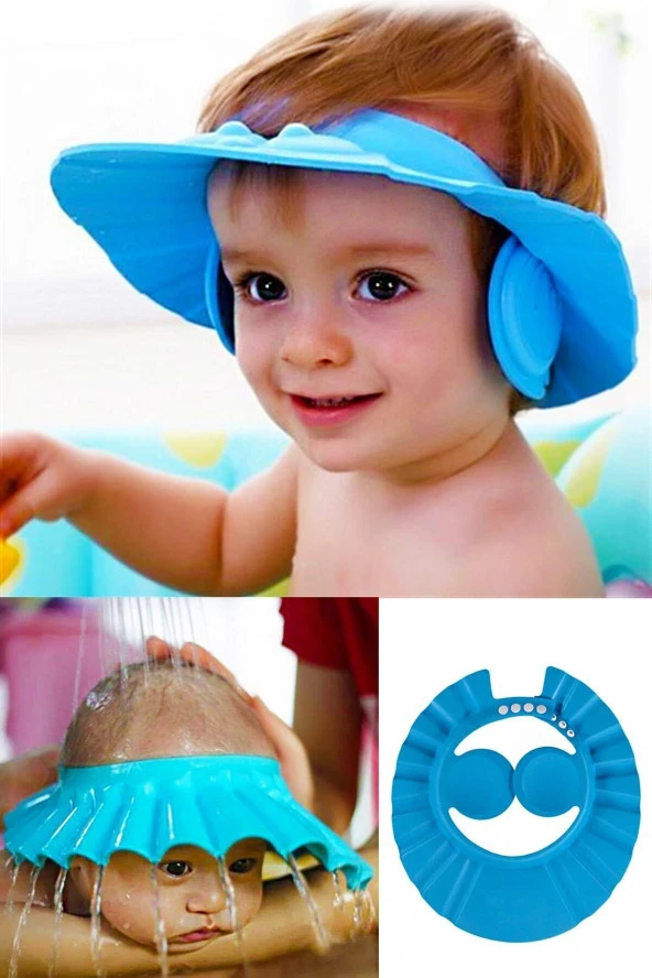Bebek Banyo Şapkası Düğmeli Kulaklıklı Mavi - 2