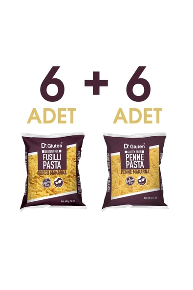 Dr.Gluten Glutensiz Burgu & Boru Makarna 12' Li Set (FUSİLLİ & PENNE) 400 gr X 6 6 Adet