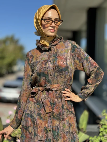 Misswhence Jakarlı Desenli İpek Gömlek Elbise 36515 - 5