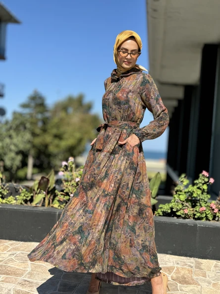 Misswhence Jakarlı Desenli İpek Gömlek Elbise 36515 - 1