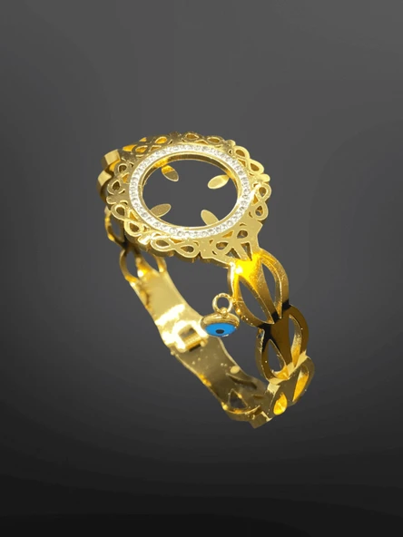 Çeyreklik Hazneli Zirkon Taşlı Nazar Boncuklu Altın Renk 316L Şık ve Parlak Çelik Bileklik ürün görseli 1