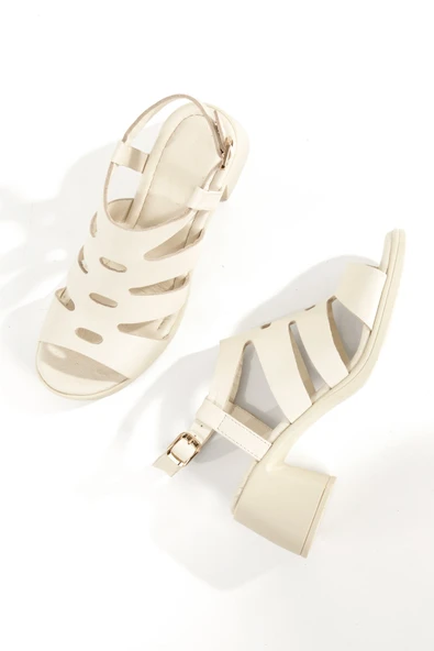 Edisa Ekru Beyaz Hakiki Deri Çok Bantlı Sandalet Kalın Hafif Topuklu Ayakkabı
