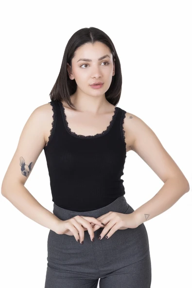 Looksense Kadın Kaşkorse Dantelli Kalın Askılı Crop 4004 - Resim 3