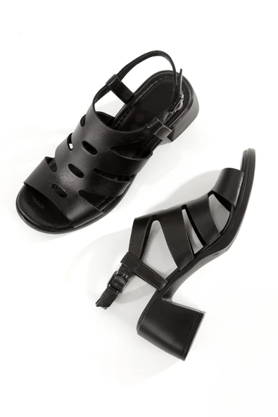 Edisa Siyah Hakiki Deri Çok Bantlı Sandalet Kalın Hafif Topuklu Ayakkabı