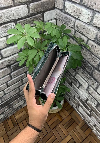 Guard Yeşil Fermuarlı ve Hakiki Deri Patlı El Portföyü Cüzdan Kadın P2214 - 9