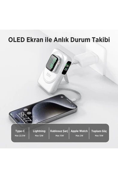 Tpb16 10.000 Mah Oled Ekranlı Manyetik Kablosuz Powerbank 20w Pd Hızlı Şarj Ve 15w Magsafe Beyaz - 4