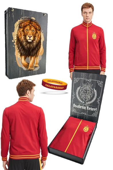 Galatasaray Orijinal Sarı Kırmızı 5 Yıldızlı Sweat + Silikon Bileklik Set Hediyelik Ahşap Kutulu