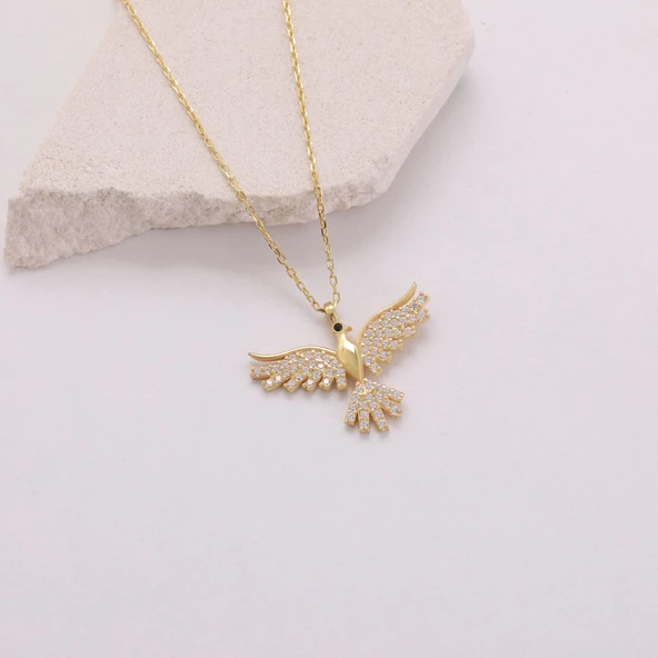 Vaoov 925 Ayar Gümüş Gold Taşlı Anka Kuşu Kolye - Resim 3