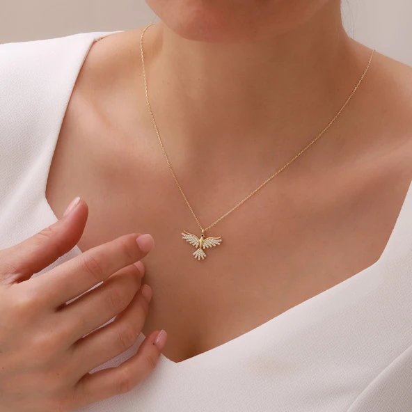 Vaoov 925 Ayar Gümüş Gold Taşlı Anka Kuşu Kolye - Resim 2