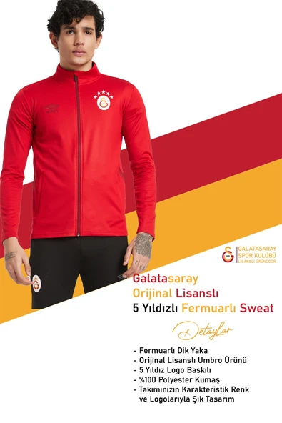 Galatasaray Orijinal 5 Yıldızlı Fermuarlı Kırmızı Sweat + Silikon Bileklik Set Hediye Ahşap Kutulu - 3