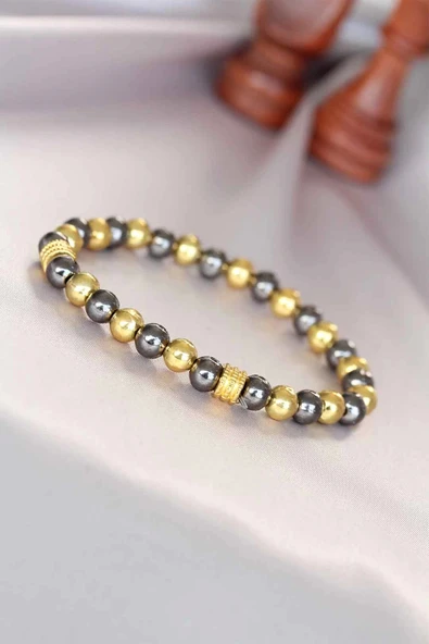MuI MuI Hematit Füme Gold Renk Doğal Taş Erkek Bileklik