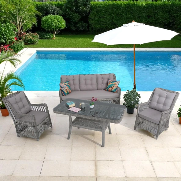 LaVida Bahçe Oturma Takımı | Rattan Bahçe Balkon Takımı |  3+1+1 ve Sehpa - Resim 4