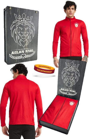Galatasaray Orijinal 5 Yıldızlı Fermuarlı Kırmızı Sweat + Silikon Bileklik Set Hediye Ahşap Kutulu