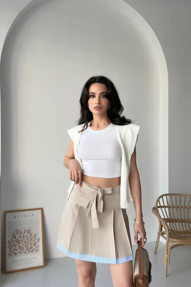 Loch Cizgi Garnili Kuşaklı Etek Vizon - 3