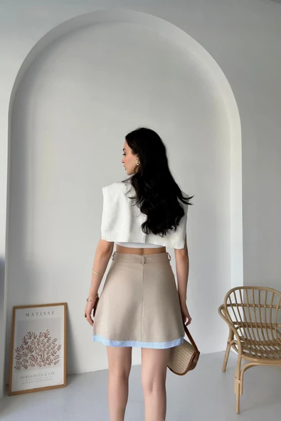 Loch Cizgi Garnili Kuşaklı Etek Vizon - 4