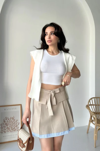 Loch Cizgi Garnili Kuşaklı Etek Vizon