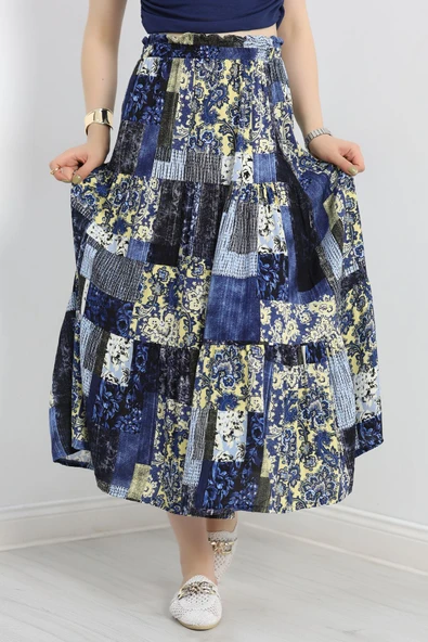 Desenli Viskon Etek Mavisarı