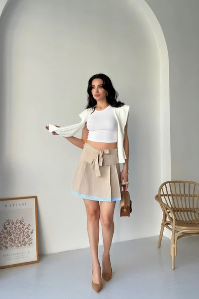 Loch Cizgi Garnili Kuşaklı Etek Vizon - 2