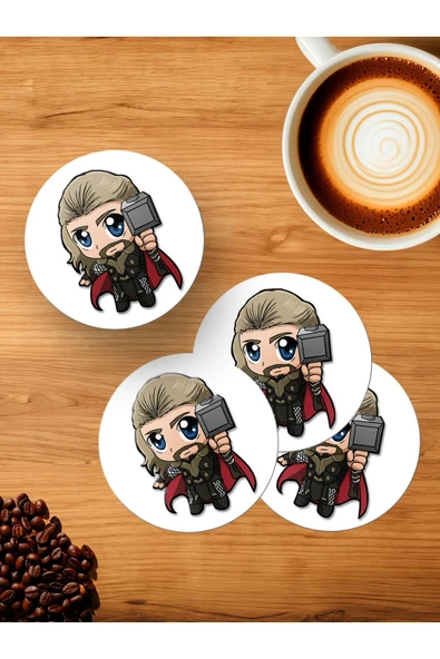Panorama Ajans Tatlı Cute Sticker Marvel Thor 4'lü Ahşap Bardak Altlığı ürün görseli 1