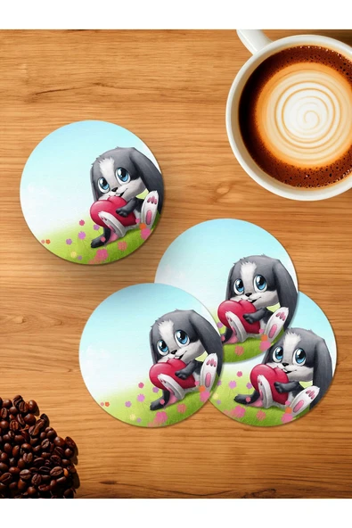Panorama Ajans Tatlı Tavşan Rabbit Sevgililer Günü Hediye 4'lü Ahşap Bardak Altlığı ürün görseli 1