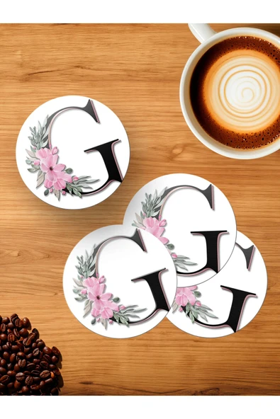 Panorama Ajans G Harfi Baş Harf Pembe Çiçekli 4'lü Ahşap Bardak Altlığı ürün görseli 1