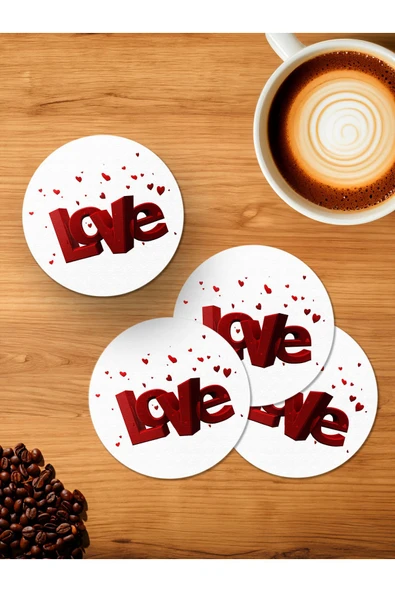 Panorama Ajans Love Kalpli 4'lü Ahşap Bardak Altlığı ürün görseli 1