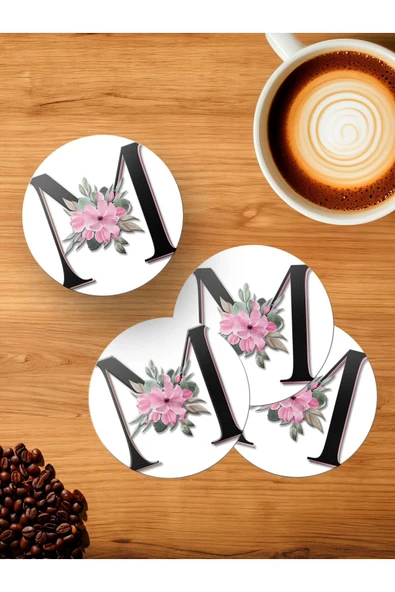 Panorama Ajans M Harfi Baş Harf Pembe Çiçekli 4'lü Ahşap Bardak Altlığı ürün görseli 1