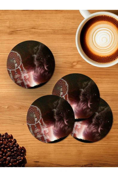 Panorama Ajans Native American Düş Kapanı Kurt Adam 4'lü Ahşap Bardak Altlığı ürün görseli 1