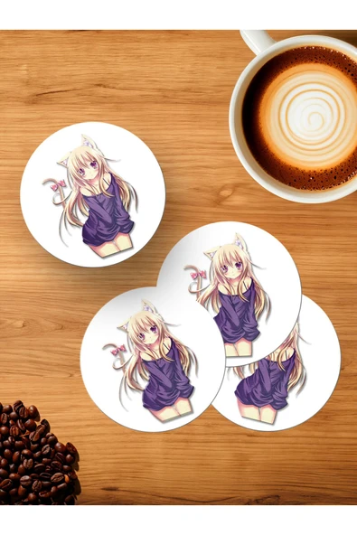 Panorama Ajans Mini Elbise Kedi Kız Anime Cat Girl Güzel 4'lü Ahşap Bardak Altlığı ürün görseli 1