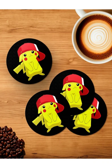 Panorama Ajans Pikachu Şirin Tasarım 4'lü Ahşap Bardak Altlığı ürün görseli 1