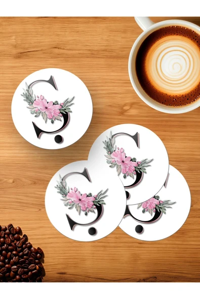 Panorama Ajans Ş Harfi Baş Harf Pembe Çiçekli 4'lü Ahşap Bardak Altlığı ürün görseli 1